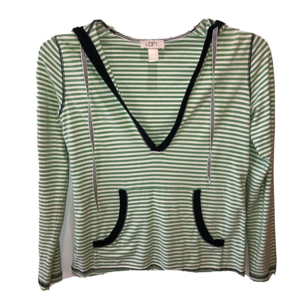 Ann Taylor LOFT Womens Green Striped Long Sleeve Hooded Hoodie Shirt M or L ?